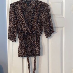 INC International Concepts Brown and Black Leopard Wrap Blouse